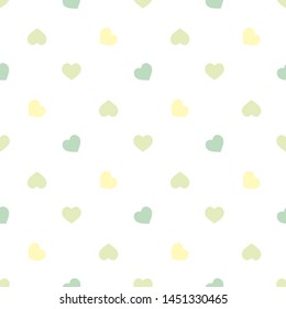 Seamless pattern in simple pastel green and yellow hearts on white background for fabric, textile, clothes, tablecloth and other things. Vector image. 
