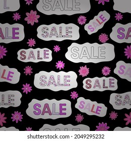 Seamless pattern. Simple patches, poster, badges in pop art style. Sale banner template design. Vector illustration. Picture in pink, black and white colors. Lettering.