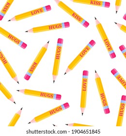 Seamless pattern of simple pencils with inscriptions for the wedding or Valentine's Day. Cartoon vector isolated design for wallpaper, wrapping paper, textile, etc.