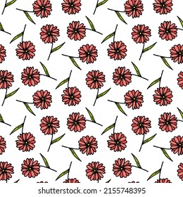 Seamless pattern with simple pink flowers on white background. Doodle style. Vector image.