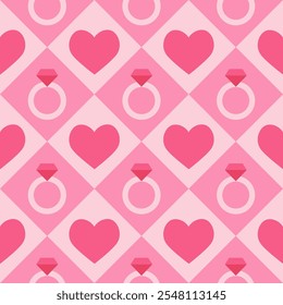 Seamless pattern with simple pink hearts and diamond rings. Template for Valentine holiday design. Vector illustration