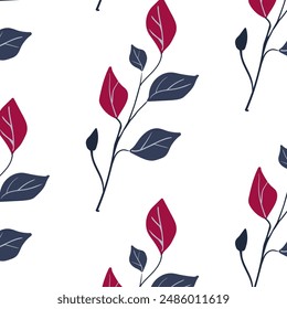 Seamless pattern. Simple Plant. Simple branch and leaves. White background. Decorative ornament in Scandinavian style. Hand drown. Flat vector illustration