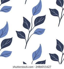 Seamless pattern. Simple Plant. Simple branch blue leaves. White background. Decorative ornament in Scandinavian style. Hand drown. Flat vector illustration