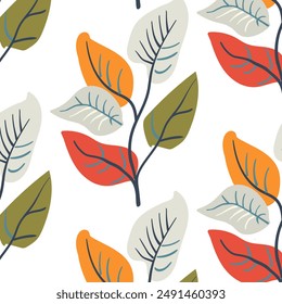 Seamless pattern. Simple Plant. Simple branch of bright autumn leaves. White background. Decorative ornament in Scandinavian style. Hand drown. Flat vector illustration