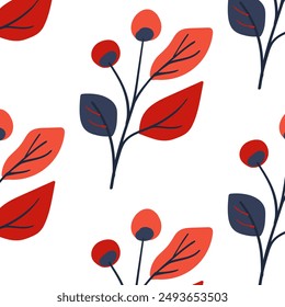 Seamless pattern. Simple Plant. Simple branch of berries and leaves. White background. Decorative ornament in Scandinavian style. Hand drown. Flat vector illustration, No AI. 