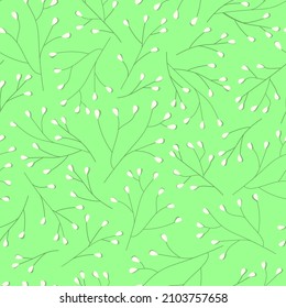 Seamless pattern of simple plants, branches with buds, leaves. Spring summer time. Abstract minimalistic botanical eco print. Vector graphics.