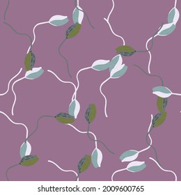 Seamless pattern with simple poppy bud flower shapes. Pastel purple background. Random print. Stock illustration. Vector design for textile, fabric, giftwrap, wallpapers.