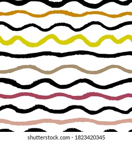 seamless pattern simple primitive child's drawing striped waves pattern, consisting of stripes of different sizes and color on a white background.