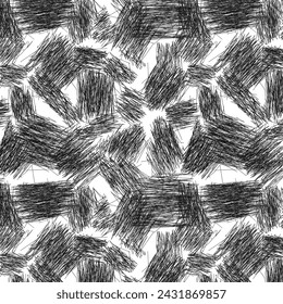 Seamless pattern with simple primitive scratchy texture. Black and white fuzzy scribble background.