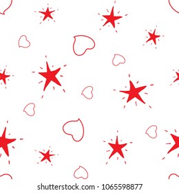 Seamless pattern with simple red hearts and stars