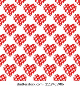 Seamless pattern of simple red hearts in doodle style. Universal print for Valentine's Day, for apps and websites. Wallpaper for wrapping paper.
