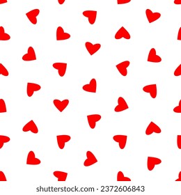 Seamless pattern of simple red hearts isolated on white for wrapping paper or fabric. Valentine's day holiday backdrop texture, romantic wedding design. Vector illustration.