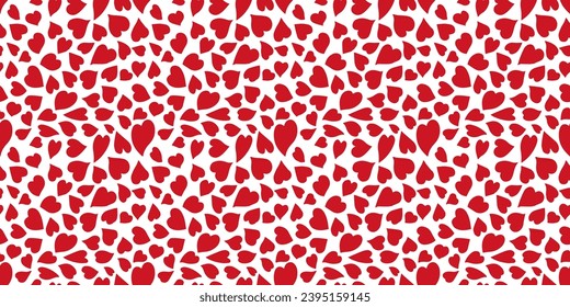 Seamless pattern of simple red hearts isolated on white for wrapping paper or fabric. Hand drawn style. Vector illustration.