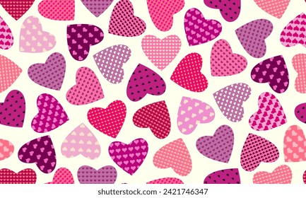 Seamless pattern of simple red hearts isolated on white for wrapping paper or fabric. Patchwork style. Vector illustration.