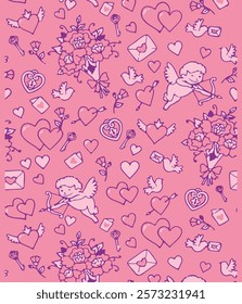 Seamless pattern of simple red hearts isolated on white for wrapping paper or fabric. Hand drawn style. Vector illustration.