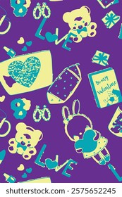 Seamless pattern of simple red hearts isolated on white for wrapping paper or fabric. Hand drawn style. Vector illustration.