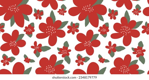 Seamless pattern with simple red painted flowers on a white background. Vector illustration in Scandinavian style for prints, textiles, fabrics, design, packaging paper...