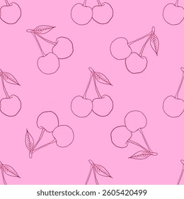 Seamless pattern of simple red paired handdrawn cherries with a leaf on a light pink background on a multi-colored checkered background for various uses