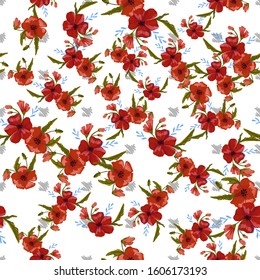  seamless pattern simple  red poppies. Scattered red flowers  vector pattern background