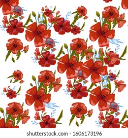  seamless pattern simple  red poppies. Scattered red flowers  vector pattern background