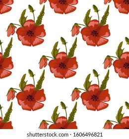  seamless pattern simple  red poppies. Scattered red flowers  vector pattern background