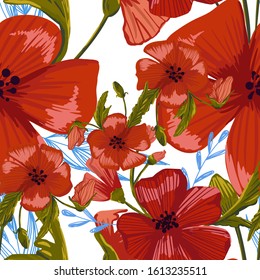  seamless pattern simple  red poppies. Scattered red flowers  vector pattern background