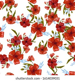  seamless pattern simple  red poppies. Scattered red flowers  vector pattern background