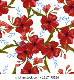  seamless pattern simple  red poppies. Scattered red flowers  vector pattern background