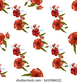  seamless pattern simple  red poppies. Scattered red flowers  vector pattern background