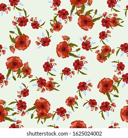  seamless pattern simple  red poppies. Scattered red flowers  vector pattern background