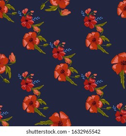  seamless pattern simple  red poppies. Scattered red flowers  vector pattern background