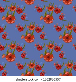  seamless pattern simple  red poppies. Scattered red flowers  vector pattern background