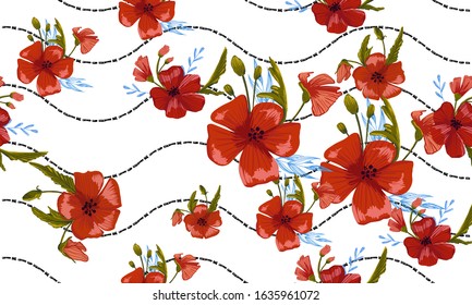  seamless pattern simple  red poppies. Scattered red flowers  vector pattern background