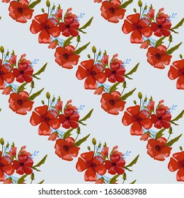  seamless pattern simple  red poppies. Scattered red flowers  vector pattern background