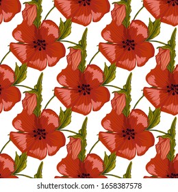  seamless pattern simple  red poppies. Scattered red flowers  vector pattern background