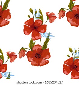 seamless pattern simple  red poppies. Scattered red flowers  vector pattern background