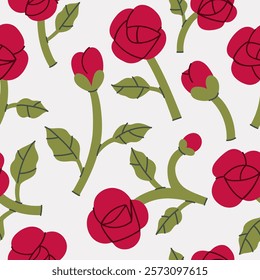 Seamless pattern with simple red roses on a white background. Vector graphics.