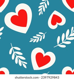 Seamless pattern of simple red with white hearts and twigs on blue background for wrapping paper or fabric