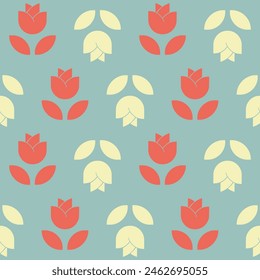 Seamless pattern of simple red and white flowers on blue background. Flowers arranged in alternating rows, creating  balanced and harmonious pattern. No overlay between items and colors. Vector.