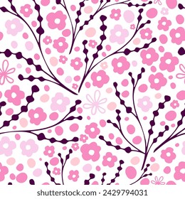 Seamless pattern of simple sakura flowers (cherry blossom). hand drawing. Not AI, Vector illustration