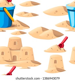 Seamless pattern. Simple sand castle with blue bucket and red shovel. Cartoon design. Flat vector illustration on white background.