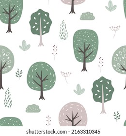 Seamless pattern with a simple Scandinavian ornament with a forest. Abstract trees with leaves, bushes, branches with berries. Vector graphics.