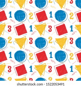 Seamless pattern with simple shapes (circle, square, triangle) and 
numbers (1, 2, 3). Veсtor color illustration. Perfect for notebook, pencil case and other school supplies.