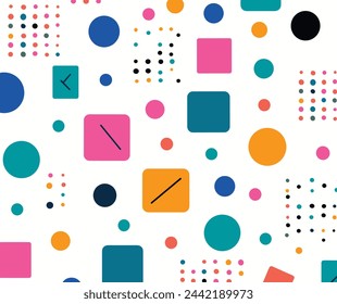 Patrón inconsútil, formas simples, cuadrados y puntos coloridos, diseño gráfico vectorial plano, fondo blanco, lindo, peculiar en el estilo de varios artistas