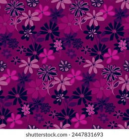 Seamless pattern with simple shapes creative flowers. Vector hand drawn sketch doodle. Abstract burgundy background with ditsy floral printing. Template for designs, notebook cover, childish textiles