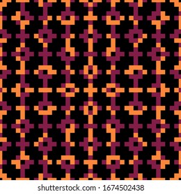 Nahtloses Muster. Schlichte Formen und Ornamente. Stammesmotiv. Antiker Hintergrund. Ethnische Stickerei, Hintergrund. Vektorillustration von Kreuzen, Quadraten, Rechtecken, Figuren. Tribale Tapete. Digitales Papier, Stoffdruck.
