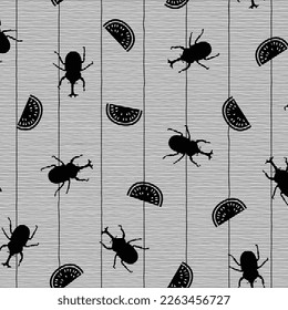Seamless pattern with simple silhouette beetles,