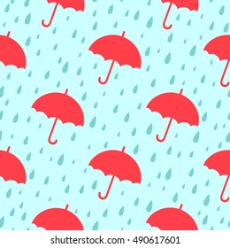 Seamless pattern. Simple silhouette of umbrella on background rain. Color vector illustration