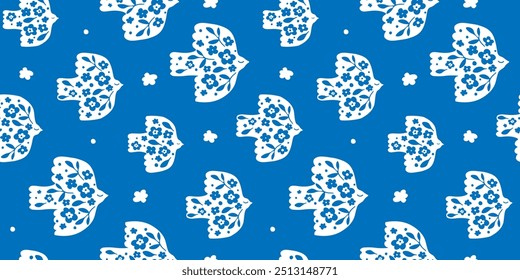 Seamless pattern with simple silhouettes of birds against the sky and flowers. Abstract print with doves. Vector graphics.