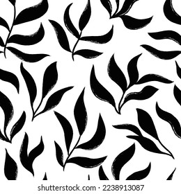 Seamless pattern with simple silhouettes of leaves and branches. Hand drawn black brush painted plants. Botanical seamless background. Vector illustration